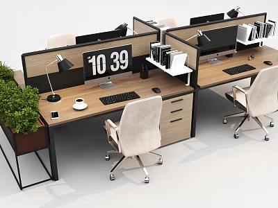 Modern Office Desk With Computer Monitor Lamp Files Coffee Cup White Chair Green Plant 3d model