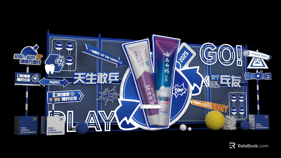Fun Ping Pong Photo Check In Spot With Blue Decor Toothpaste Products And Colorful Balls 3d model 