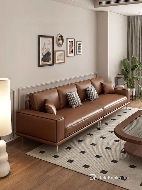 Brown Leather Multi Seat Sofa In Modern Living Room With Wall Art And Floor Lamp 3d model 
