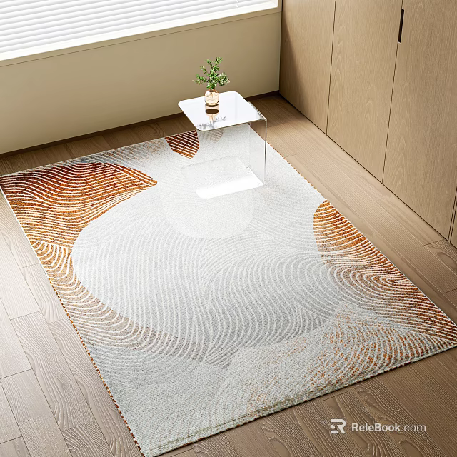 Stylish Modern Square Rug with White and Orange Wavy Pattern on Wooden Floor 3d model 
