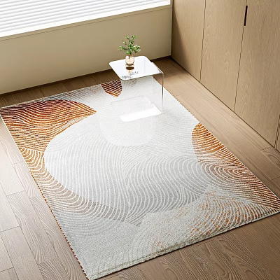 Stylish Modern Square Rug with White and Orange Wavy Pattern on Wooden Floor 3d model