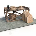 Sculpture Carving Workbench With Stone Blocks Stacked Wooden Planks And Small Lantern On Gray Mat