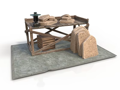 Sculpture Carving Workbench With Stone Blocks Stacked Wooden Planks And Small Lantern On Gray Mat 3d model