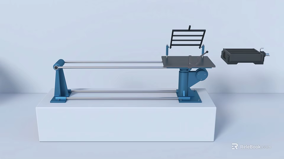 Blue Industrial Equipment With Metal Stand And Workbench Surface On White Platform 3d model