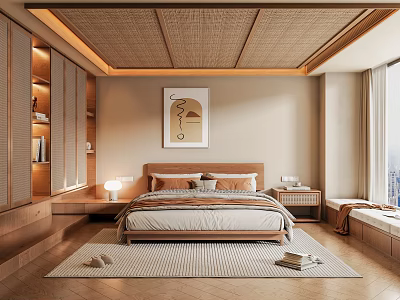 Serene Modern Bedroom With Woven Rattan Ceiling Wooden Furniture And Window Bench 3d model