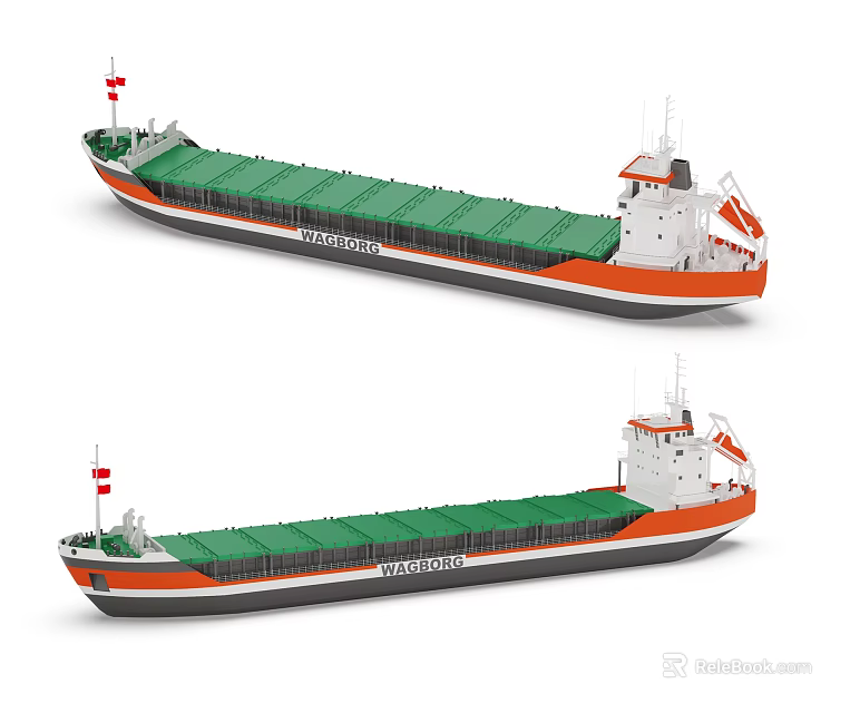 Two Cargo Ships With Green Decks And Orange White Hulls 3d model 