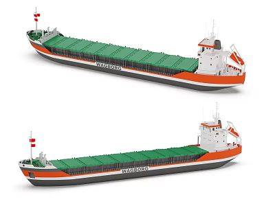 Two Cargo Ships With Green Decks And Orange White Hulls 3d model