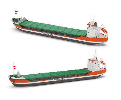 Two Cargo Ships With Green Decks And Orange White Hulls 3d model