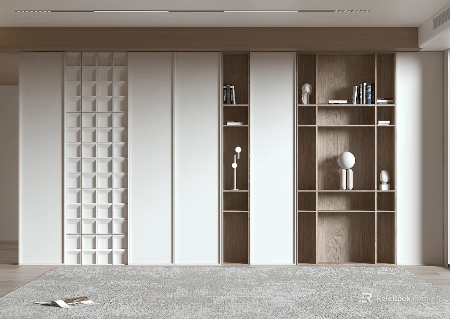 Modern Wooden Bookshelf Interior Design With Open Shelves Closed Cabinets And Decorative Items 3d model 