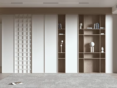 Modern Wooden Bookshelf Interior Design With Open Shelves Closed Cabinets And Decorative Items 3d model