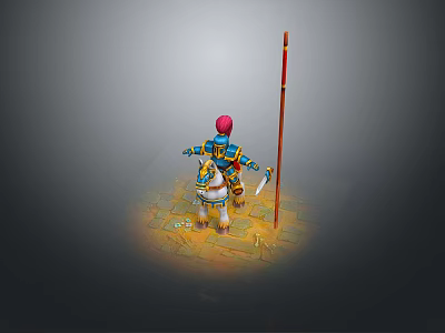 Game Movie Character In Blue Armor Red Hat Riding White Horse With Long Spear And Yellow Glow Area 3d model