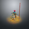 Game Movie Character In Blue Armor Red Hat Riding White Horse With Long Spear And Yellow Glow Area