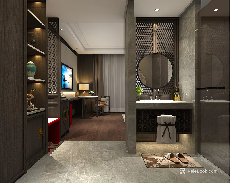 Modern Luxury Hotel Guest Room Interior Design With TV Bathroom Mirror And Green Plants 3d model 