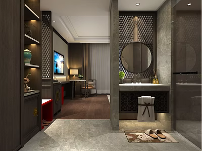 Modern Luxury Hotel Guest Room Interior Design With TV Bathroom Mirror And Green Plants 3d model