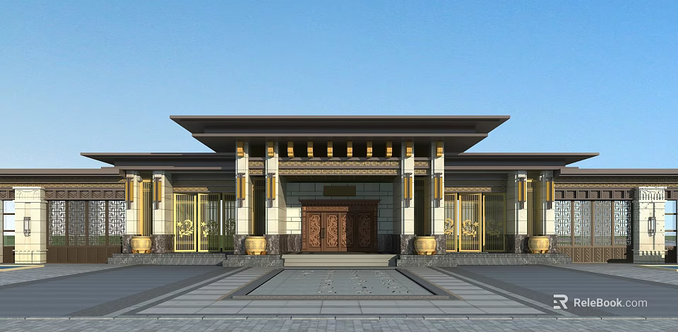 Traditional Chinese Style Main Entrance Gate With Brass Door Golden Decorations Columns And Steps 3d model 