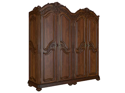 Dark Brown Classical Wooden Wardrobe With Ornate Carvings And Four Panel Doors 3d model