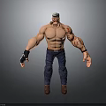 Muscular Shirtless 3D Character With Bald Head Cap Arm Tattoos Blue Jeans And Brown Boots