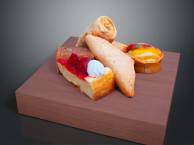 Assorted Desserts with Cinnamon Roll Fruit Tart and Cream Cake on Wooden Tray 3d model