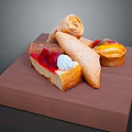Assorted Desserts with Cinnamon Roll Fruit Tart and Cream Cake on Wooden Tray