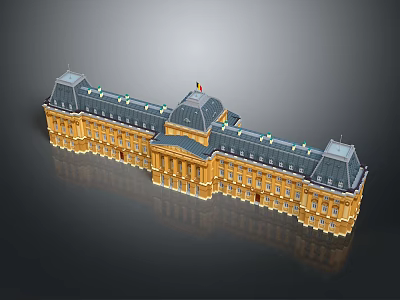 Classical Hotel Building with Yellow Facade Dark Gray Mansard Roof Symmetrical Design and Ornate Columns 3d model