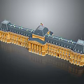 Classical Hotel Building with Yellow Facade Dark Gray Mansard Roof Symmetrical Design and Ornate Columns