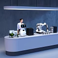 Exhibition Reception Desk With Female Receptionist Computer Robots Small Plant Gray Wall And Hanging Lamp