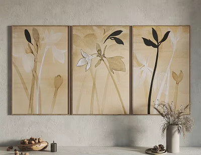 Minimalist Botanical Triptych Paintings With White Flowers Black Leaves On Beige Background 3d model