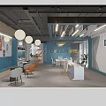 Modern Office Reception Area With White Desk Pendant Lights Orange Chairs And Potted Plants