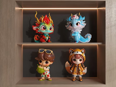 Figurine Cabinet With Wooden Shelves Holding Red Blue Dragon And Fox Costume Doll Figurines 3d model