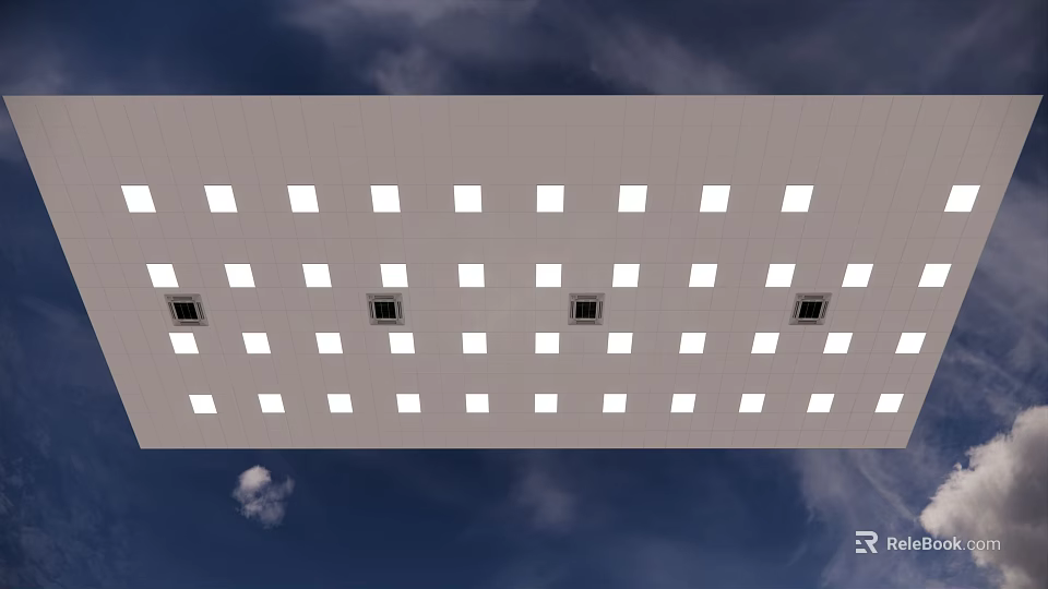 Modern Ceiling Grid Design with White Square Panels and Black Vents 3d model 