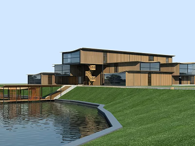 Modern Detached Villa With Wooden Exterior Large Windows Water Pond And Green Lawn 3d model