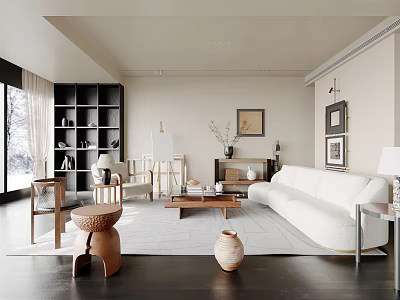 Modern Living Room Interior With White Sofa Wooden Coffee Table Black Bookshelf And Wall Art 3d model