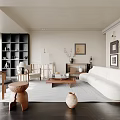 Modern Living Room Interior With White Sofa Wooden Coffee Table Black Bookshelf And Wall Art