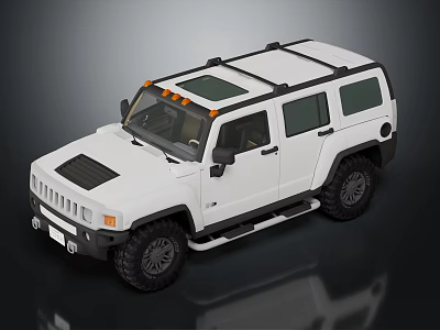 White Hummer Style SUV With Roof Rack Orange Warning Lights And Black Wheels 3d model