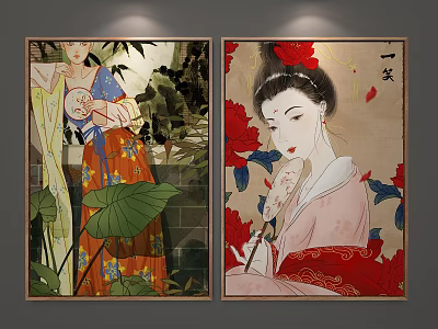 Traditional Chinese Portrait Paintings of Female Figures With Lotus Leaves and Red Flowers 3d model