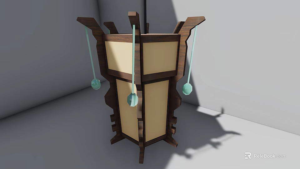 Traditional Wooden Architectural Component with Geometric Frame Hanging Green Spherical Ornaments and Intricate Carved Details 3d model 