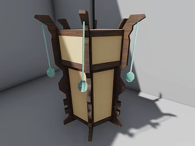 Traditional Wooden Architectural Component with Geometric Frame Hanging Green Spherical Ornaments and Intricate Carved Details 3d model