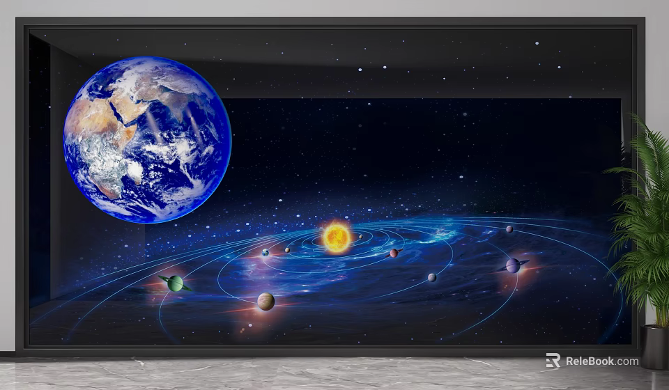 Solar System Themed Wall Mural With Earth Planets Sun Orbits And Starry Sky 3d model
