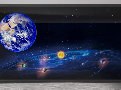Solar System Themed Wall Mural With Earth Planets Sun Orbits And Starry Sky 3d model