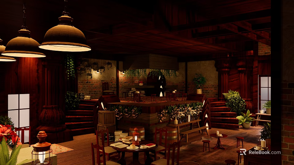 Cozy Café Interior With Wooden Decor Pendant Lights Green Plants And Brick Walls 3d model 