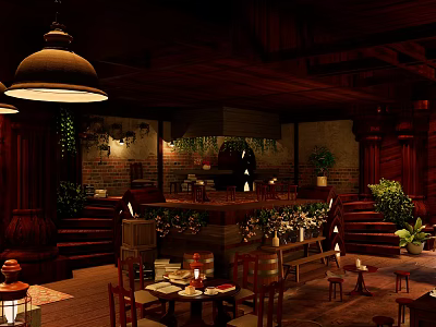Cozy Café Interior With Wooden Decor Pendant Lights Green Plants And Brick Walls 3d model