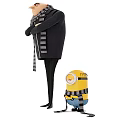 Tall Movie Character in Black Jacket With Gray Striped Scarf and Yellow Minion With Goggles