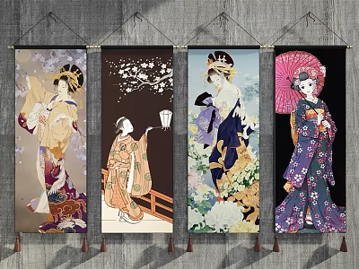 Traditional Female Figure Paintings With Kimono Cherry Blossoms And Decorative Scrolls Hanging On Wall 3d model