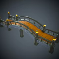 Arched Garden Bridge With Wooden Deck Black Railings And Lamp Posts