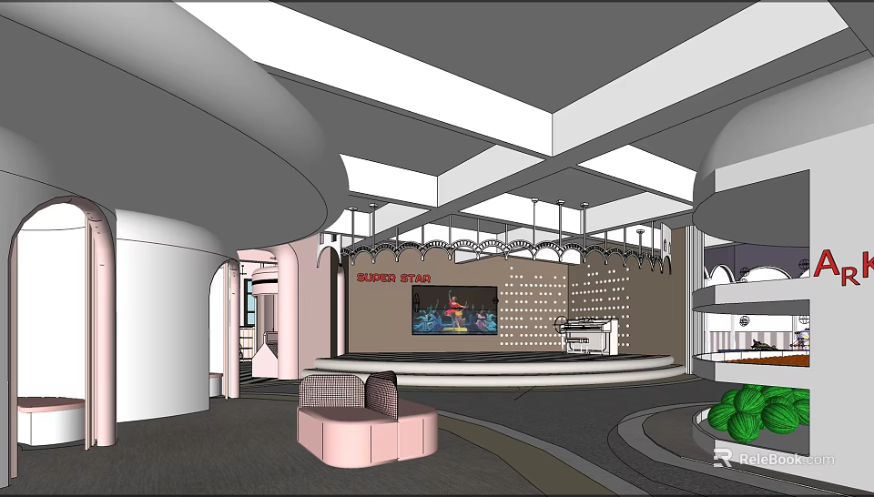 Modern Restaurant Interior With Stage Pink Sofa Green Plants And Lighting Design 3d model 