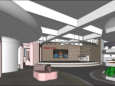 Modern Restaurant Interior With Stage Pink Sofa Green Plants And Lighting Design 3d model