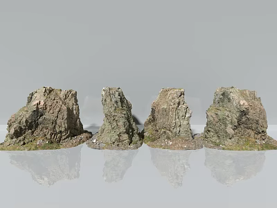 Natural Rock and Wood Decor Pieces with Textured Surfaces and Mossy Bases 3d model