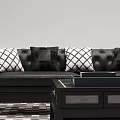 Classic Black Leather Sofa and Coffee Table Set with Armchairs Patterned Rug and Table Lamps 3d model