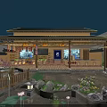 Traditional Chinese Restaurant Courtyard With Tile Roof Pond Lotus Lanterns And Wooden Structure