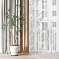 Beige and Gray Curtains with Sheer Panels Green Plant Wooden Floor Window Building View